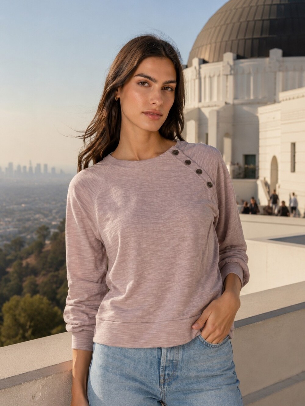 Lilla P Light Gray 100% Cotton Long-Sleeve Button Accent Top Size Medium